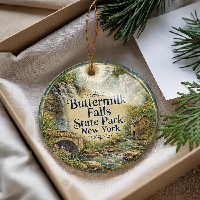 A decorative ornament with a scenic image of Butter Milk Falls State Park in New York, hanging from a string.