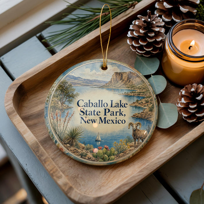 A decorative ornament featuring Caballo Lake State Park in New Mexico, with a scenic landscape and a small boat in the water.