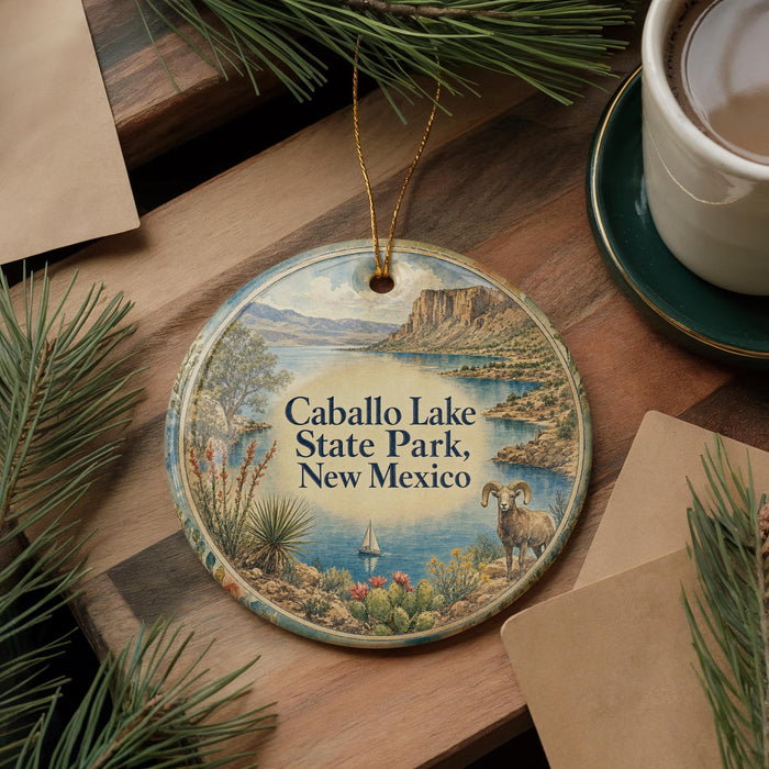 A decorative ornament featuring Caballo Lake State Park in New Mexico, with a scenic landscape and a goat in the foreground.