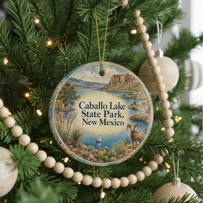 A round ornament on a Christmas tree, featuring a scenic image of Caballo Lake State Park, New Mexico.