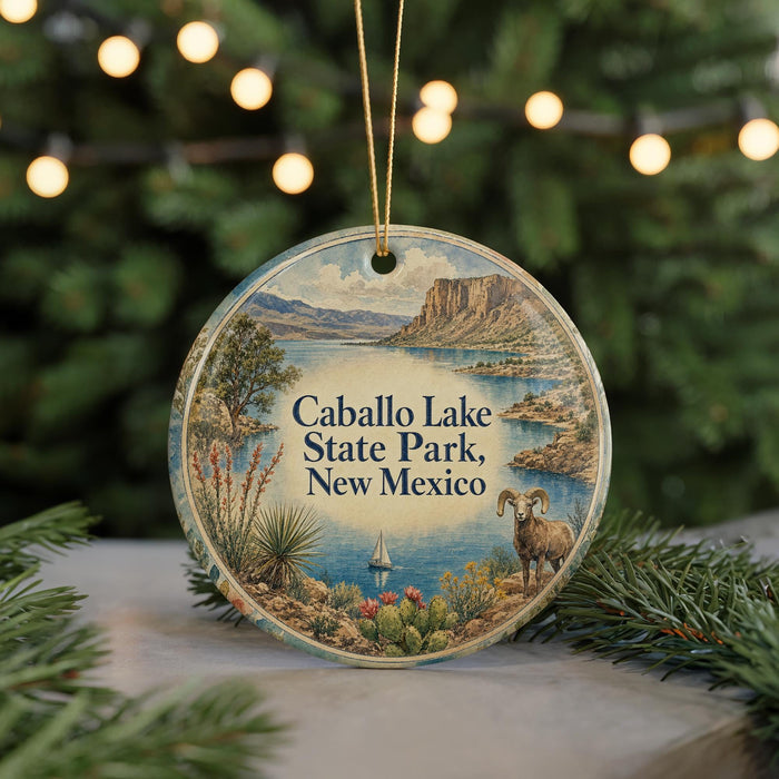 A round ornament with a scenic landscape of Caballos Lake State Park, New Mexico, featuring a mountain, lake, and desert scenery.
