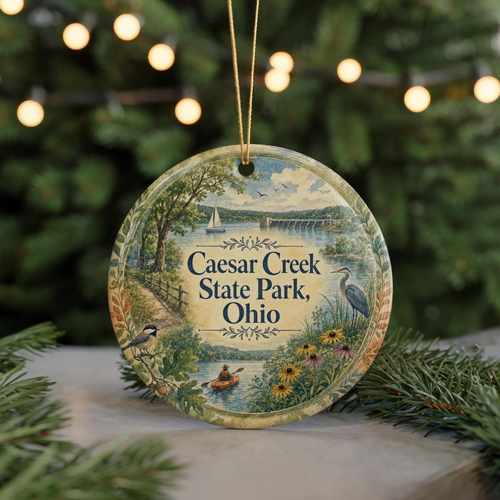 A decorative ornament featuring a scenic image of Caesar Creek State Park, Ohio, with a bird, a boat, and a bridge in the background.