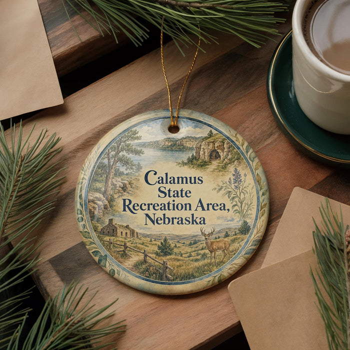 A decorative ornament with a landscape scene and text, hanging on a wooden surface next to a cup of coffee and pine branches.