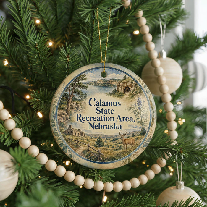 A round ornament hanging on a Christmas tree, featuring a scenic landscape with a river and mountains.