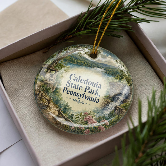 A decorative ornament in a box, featuring a scenic landscape of Caledonia State Park, Pennsylvania.