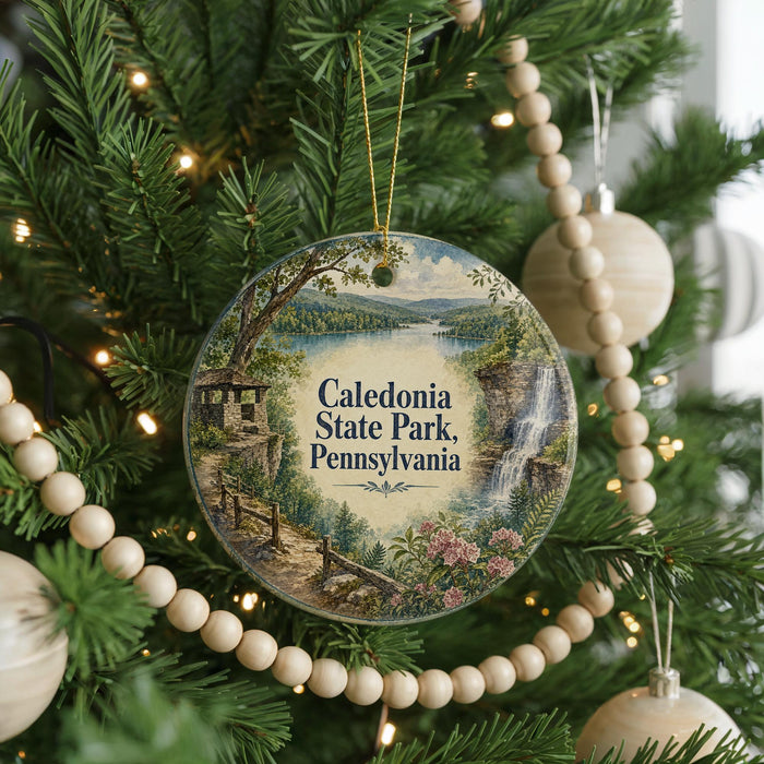 A round ornament hanging on a Christmas tree, featuring a scenic landscape with a waterfall and a path leading to a cabin.