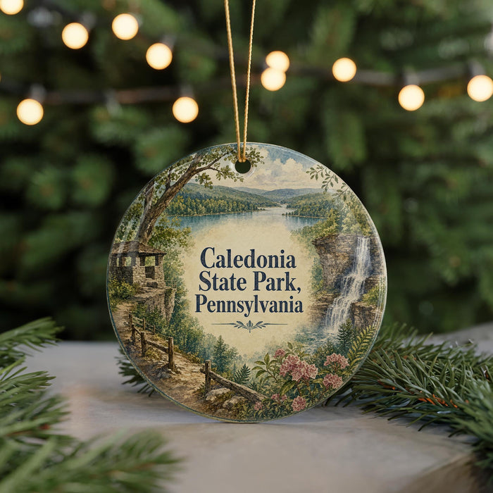 A decorative ornament featuring a scenic landscape of Caledonia State Park, Pennsylvania, with a waterfall and forest in the background.