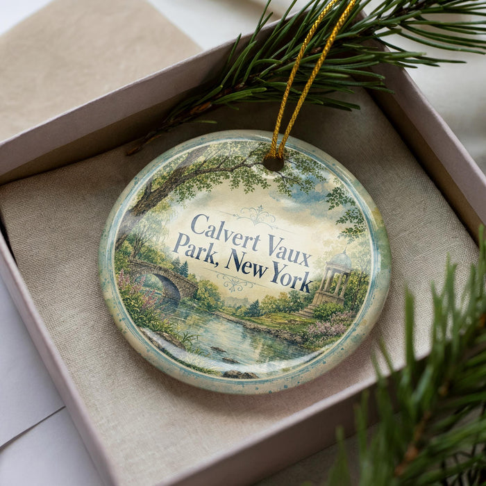 A decorative ornament in a box, featuring a scenic landscape with a bridge and trees, with the text "Calvert Park, New York" prominently displayed.