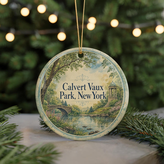 A round ornament with a painting of a park scene hangs in front of a Christmas tree with lights.
