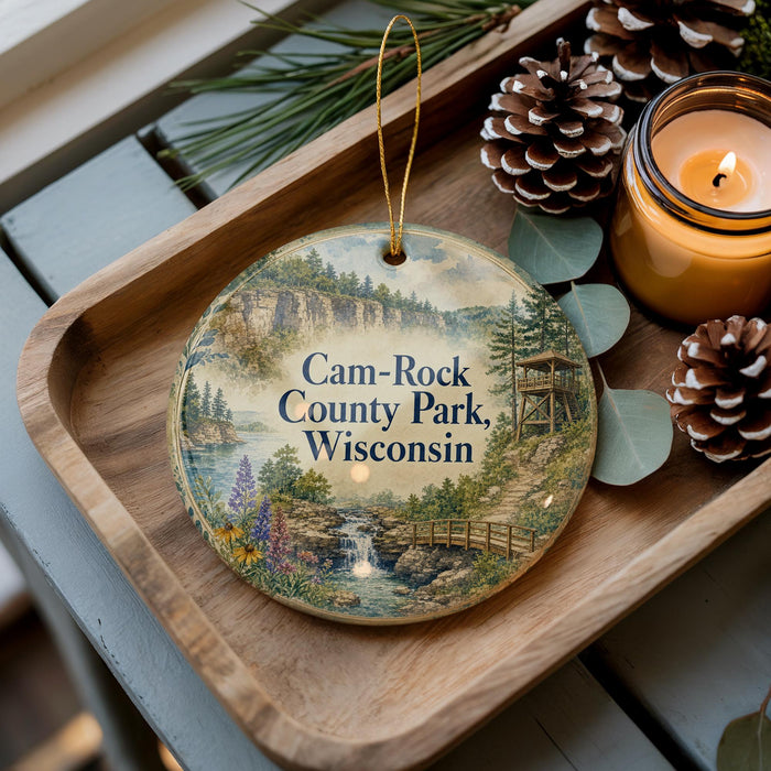 A wooden tray with a decorative ornament featuring a scenic landscape of Cam-Rock County Park, Wisconsin, along with pine cones and a lit candle.