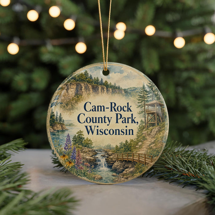A round ornament with a scenic landscape of Cam-Rock County Park, Wisconsin, featuring a waterfall, bridge, and pine trees.