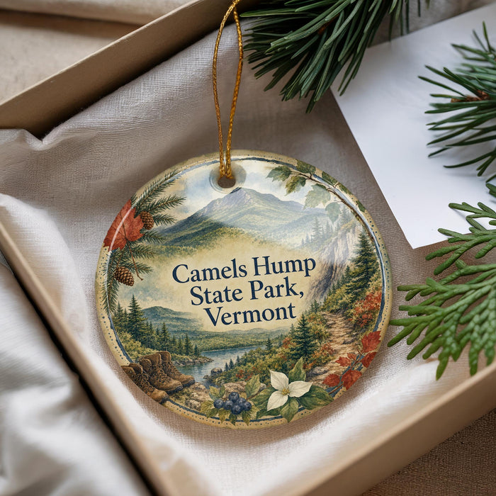 A decorative ornament with a scenic mountain landscape and pine trees, featuring the text "Camells Hump State Park, Vermont" on it.