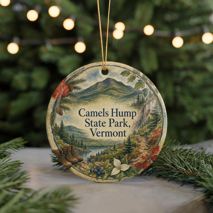 A decorative ornament with a landscape scene featuring mountains, pine trees, and a river, hanging from a string.