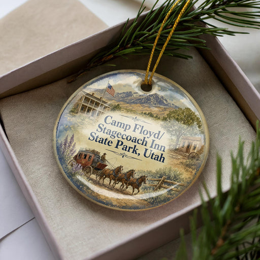 A decorative ornament in a box, featuring a scene from Camp Floyd Stagecoach Inn in Utah.