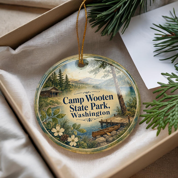 A decorative ornament with a scenic landscape of Camp Wooten State Park in Washington, featuring a cabin, pine trees, and a lake.