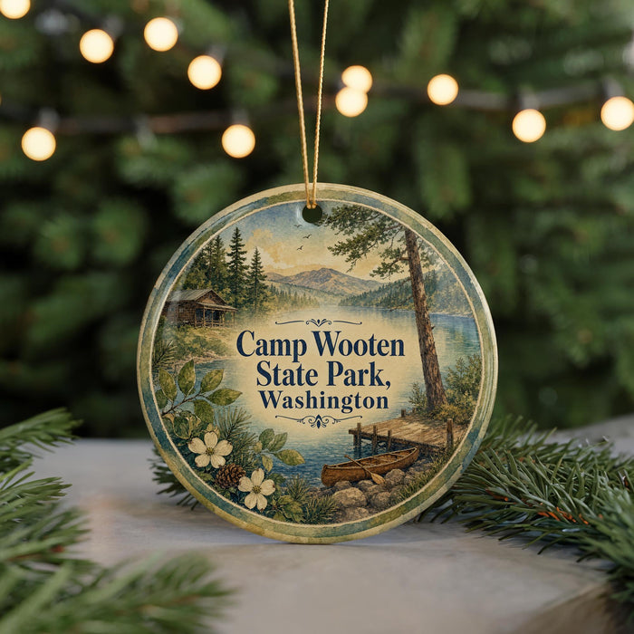 A round ornament with a painting of Camp Wooten State Park in Washington, surrounded by pine branches and greenery.