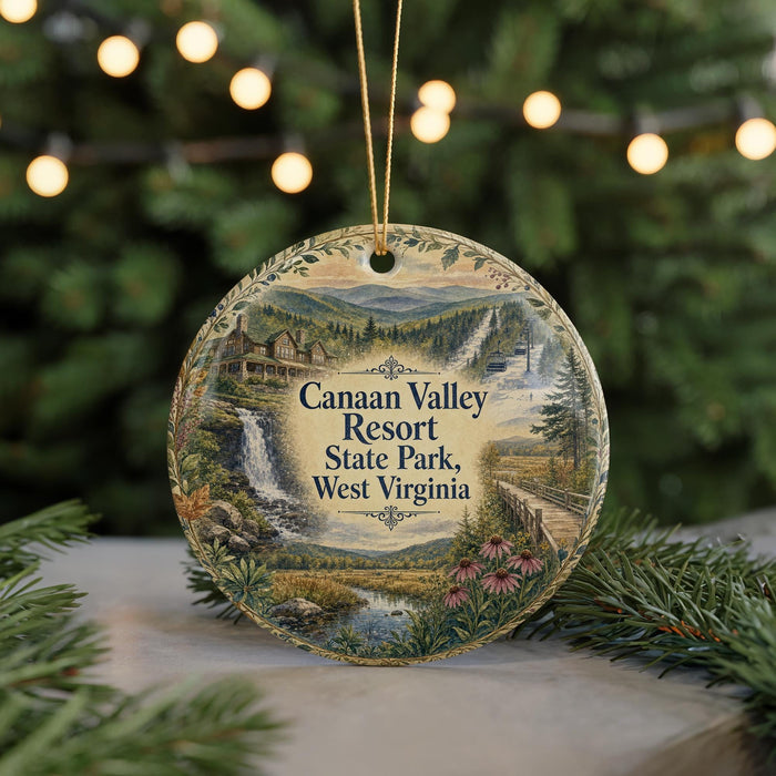 A round ornament with a scenic landscape of a waterfall, mountains, and a cabin, hanging on a string.