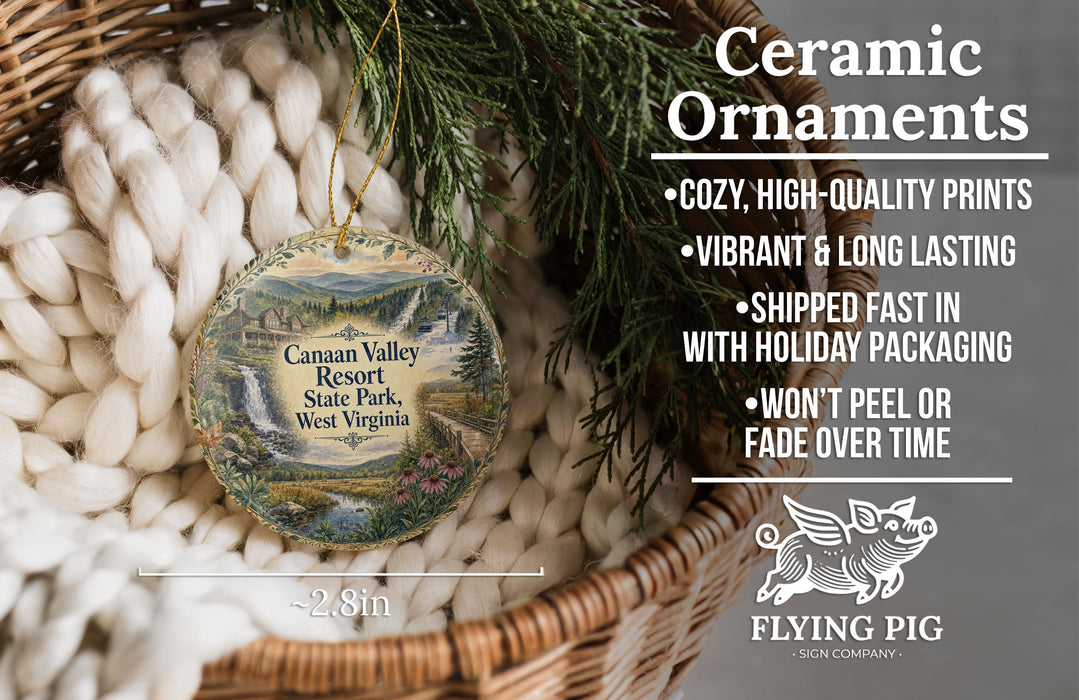 Ceramic ornaments, featuring a ceramic ornament with a scenic image of the Canan Valley Resort State Park, West Virginia, hanging from a wicker basket.