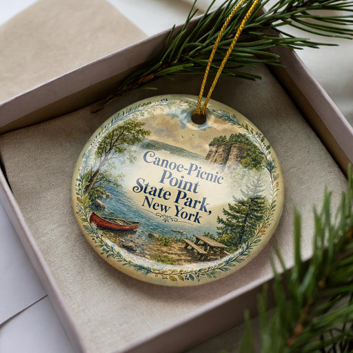 A decorative ornament in a box, featuring a scenic image of Canoe Picnic Point State Park in New York.