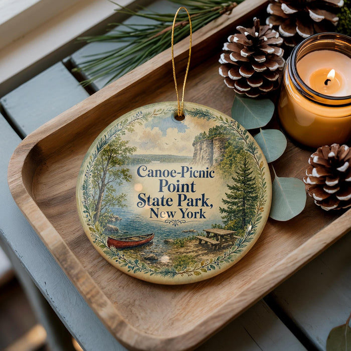 A decorative ornament with a scenic image of Canoe-Picnic Point State Park, New York, sits on a wooden tray alongside pine cones and a lit candle.