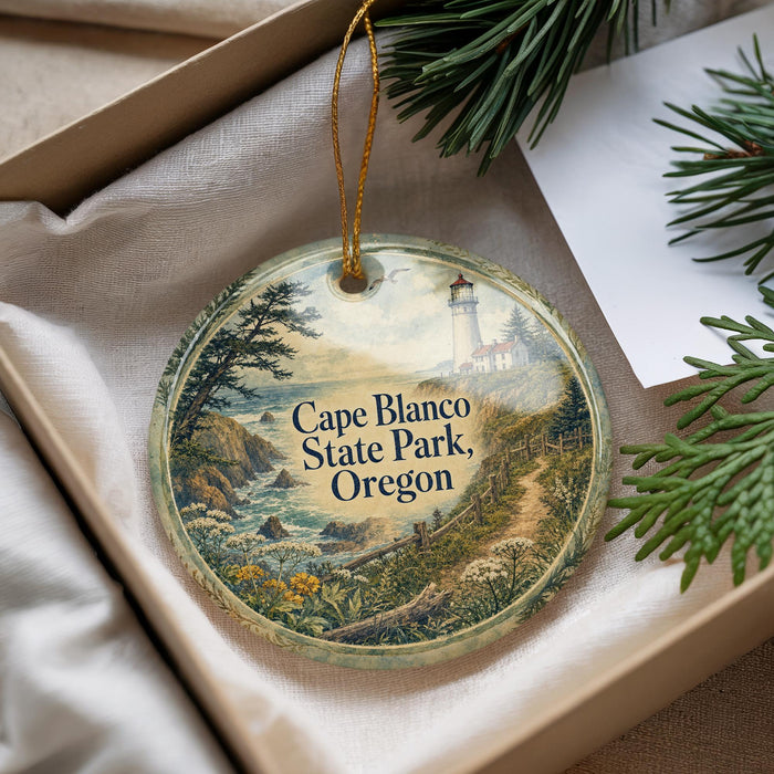 A decorative ornament with a lighthouse and a scenic landscape, featuring the text "Cape Blanco State Park, Oregon".