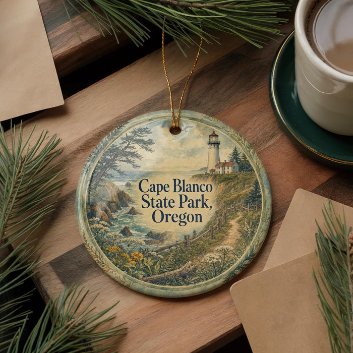 A decorative ornament featuring a lighthouse and a scenic landscape, with the text "Cape Blanco State Park, Oregon" displayed on it. The ornament is placed on a wooden surface, surrounded by pine branches and a cup of coffee.