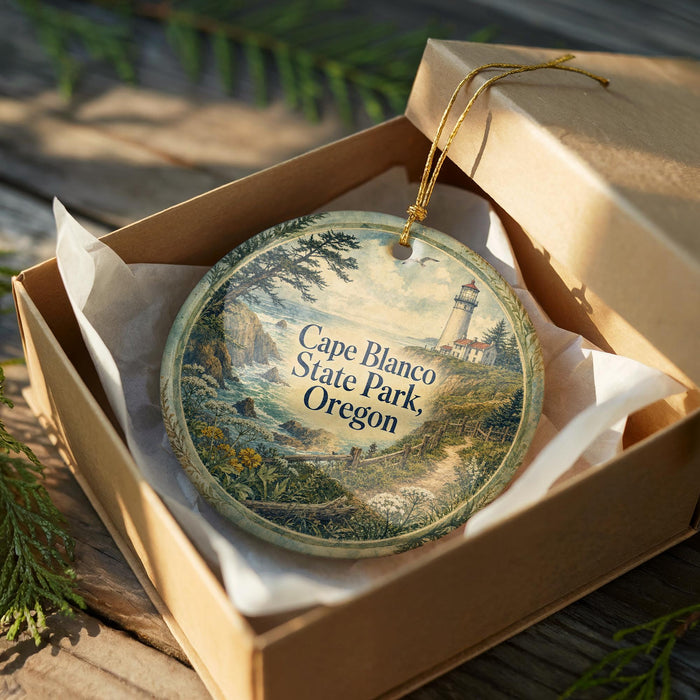 A round ornament in a box, featuring a scenic landscape with a lighthouse and greenery, with the text "Cape Blanco State Park, Oregon" printed on it.