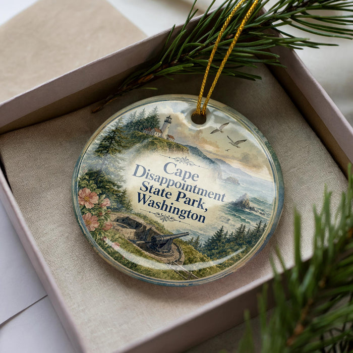 A decorative ornament with a lighthouse and a scenic landscape, placed in a box with pine branches.