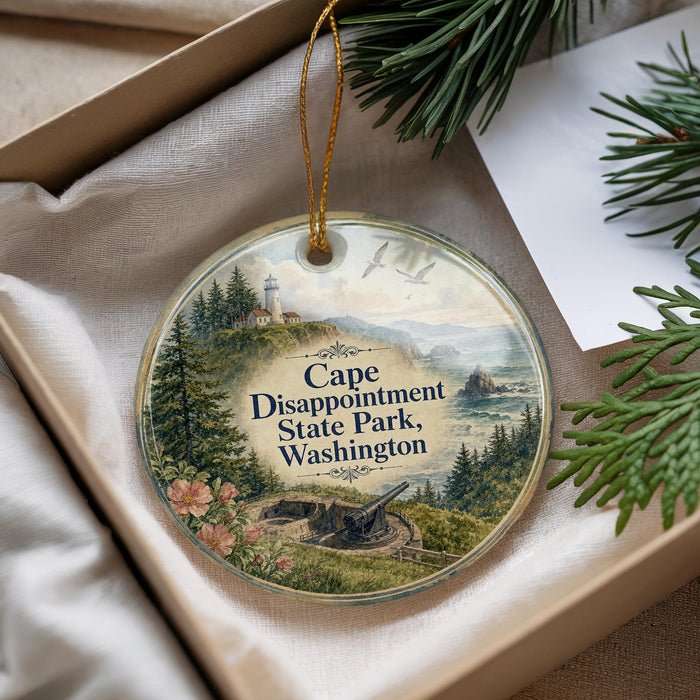 A decorative ornament with a lighthouse and a coastal landscape, hanging from a string.