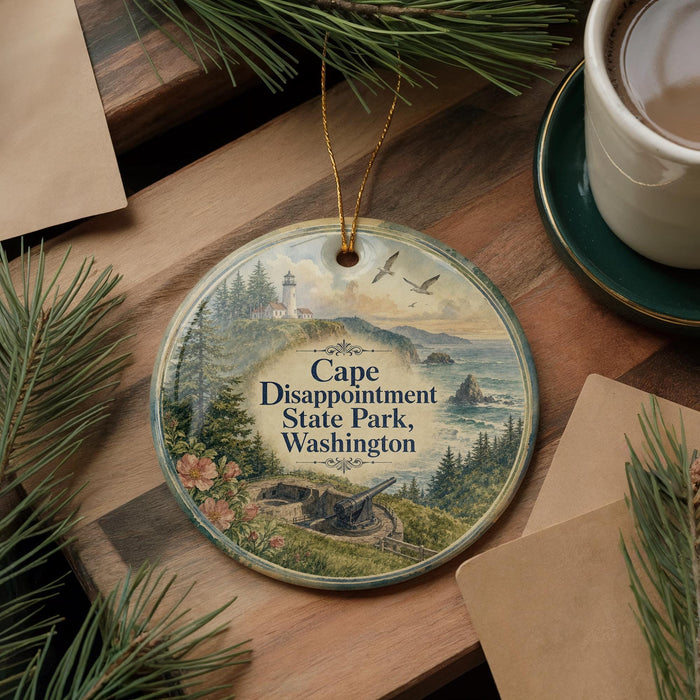 A decorative ornament featuring a lighthouse and a scenic landscape, with the text "Cape Disappointment State Park, Washington" displayed prominently.