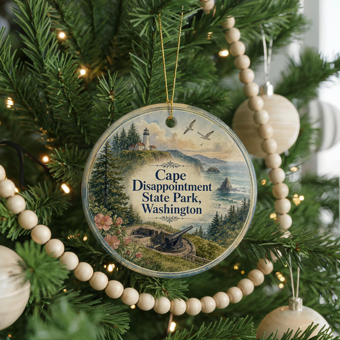 A round ornament hanging on a Christmas tree, featuring a scenic image of Cape Disappointment State Park in Washington.