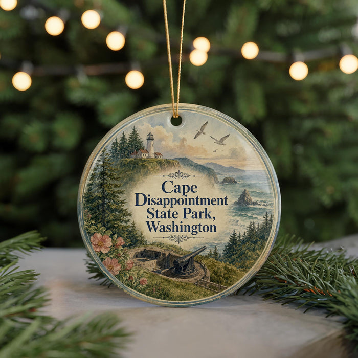 A round ornament with a lighthouse and a coastal landscape, featuring the text "Cape Disappointment State Park, Washington".