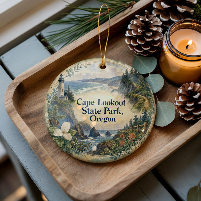 A decorative ornament featuring a lighthouse and a scenic landscape, placed on a wooden tray alongside pine cones and a lit candle.