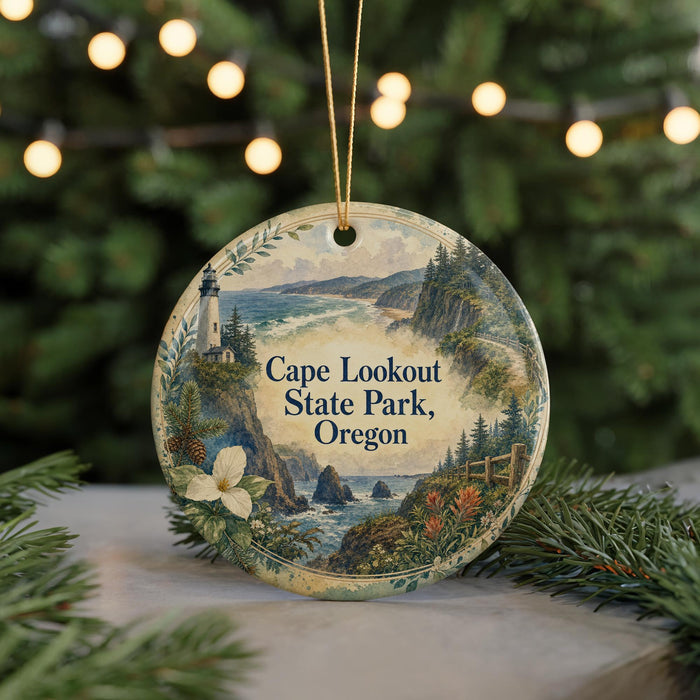 A round ornament with a lighthouse and a scenic landscape, featuring the text "Cape Lookout State Park, Oregon".