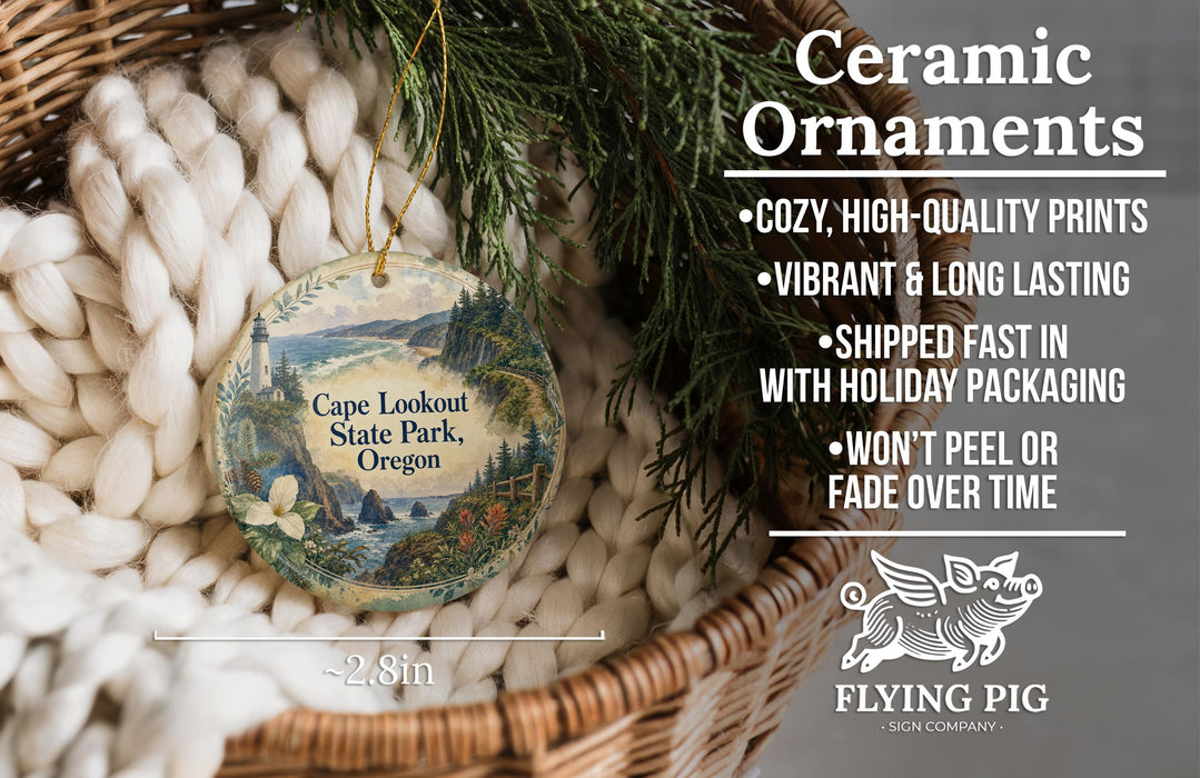 Ceramic ornaments, featuring a lighthouse and a scenic landscape, are displayed in a woven basket.