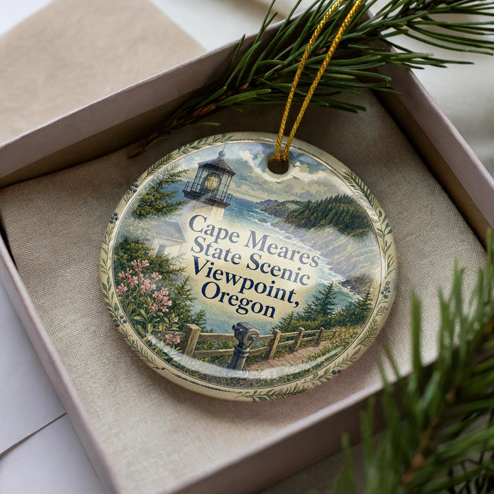 A decorative ornament with a lighthouse and scenic landscape, placed in a box with pine branches.
