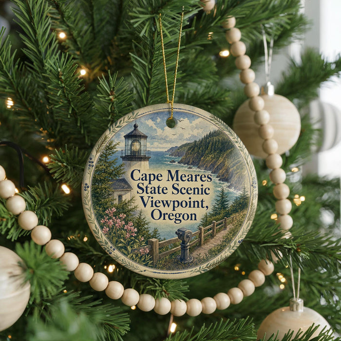 A round ornament hanging on a Christmas tree, featuring a lighthouse and a scenic view of Cape Meares State Scenic Viewpoint, Oregon.