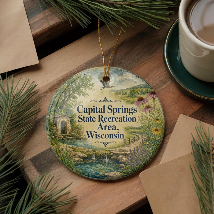 A decorative ornament featuring a scenic landscape with a river, trees, and flowers, along with the text "Capital Springs State Recreation Area, Wisconsin".