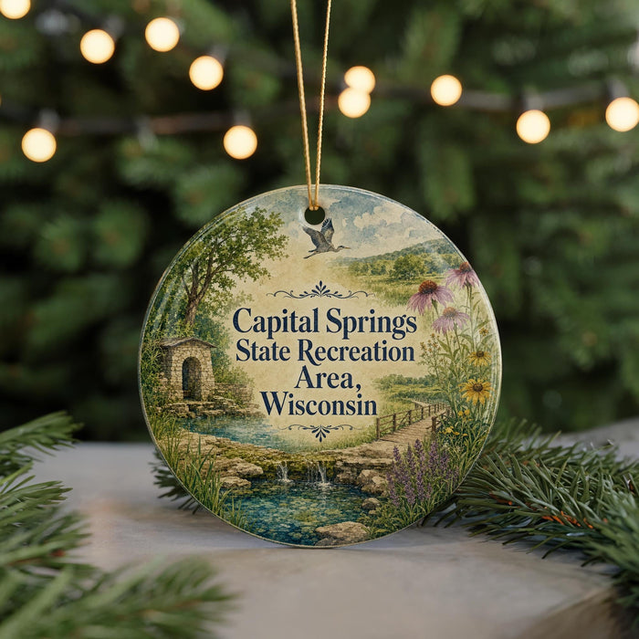 A round ornament with a scenic landscape featuring a river, trees, and a bridge, hanging in front of a blurred background with twinkling lights.