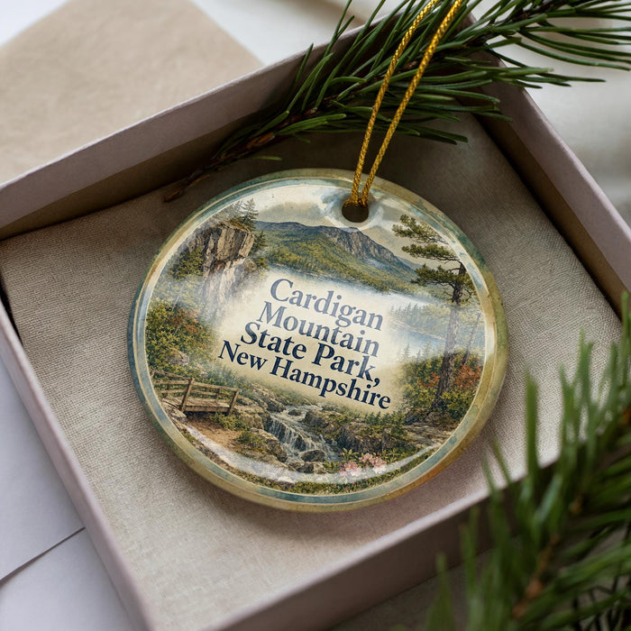 A decorative ornament with a scenic mountain landscape, featuring a waterfall and pine trees, is displayed in a box.