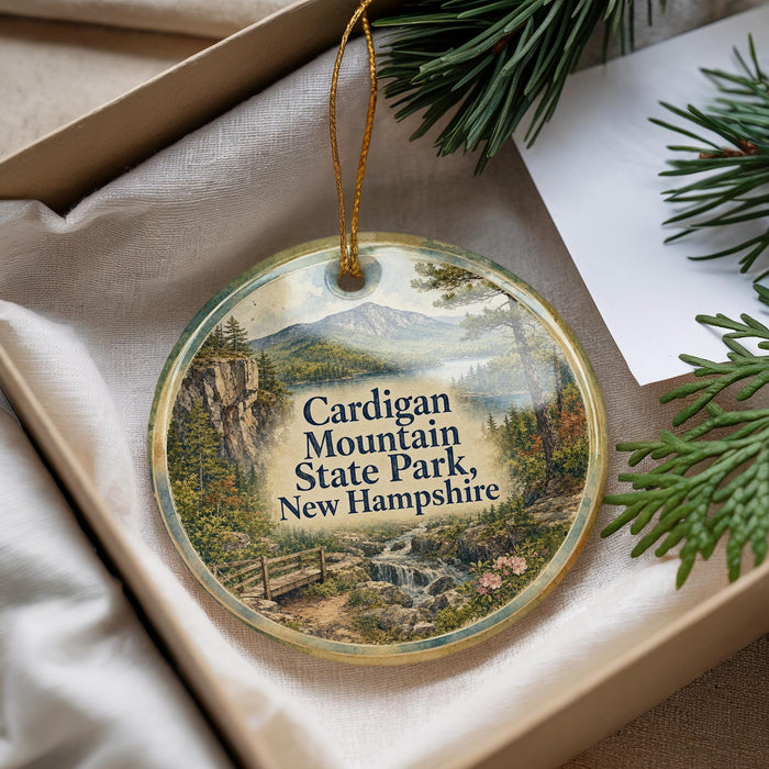 A decorative ornament with a scenic mountain landscape, featuring a bridge and a waterfall, is displayed in a box with pine branches.
