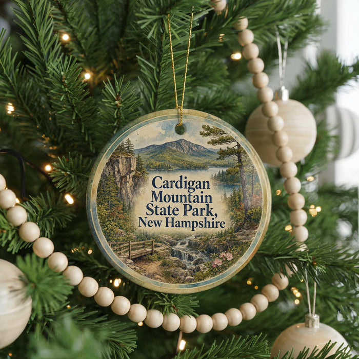 A round ornament hanging on a Christmas tree, featuring a scenic landscape with mountains, a lake, and a bridge.
