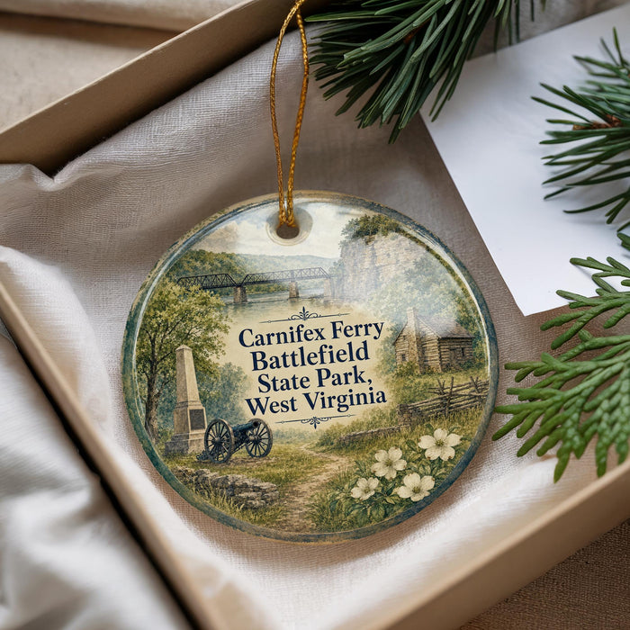 A decorative ornament with a scenic image of Carniff Ferry Battlefield State Park, West Virginia, hanging from a string.