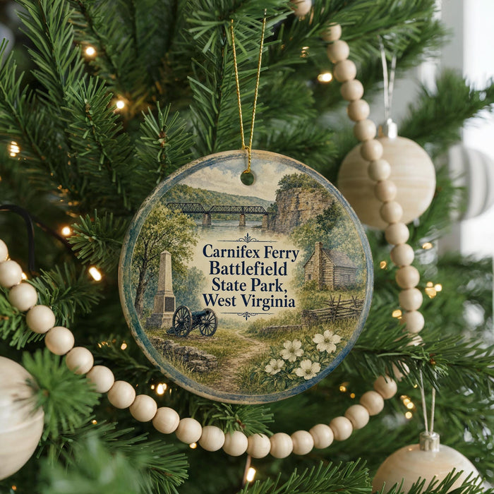A Christmas tree ornament featuring a scenic image of Carniffe Ferry Battlefield State Park, West Virginia, with a path leading to a bridge and a small cabin.