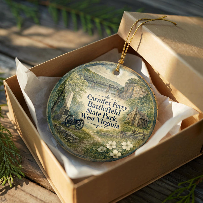 A decorative ornament in a wooden box, featuring a scenic landscape with a bridge and a cabin, with the text "Carnifex Ferry Battlefield State Park West Virginia" printed on it.