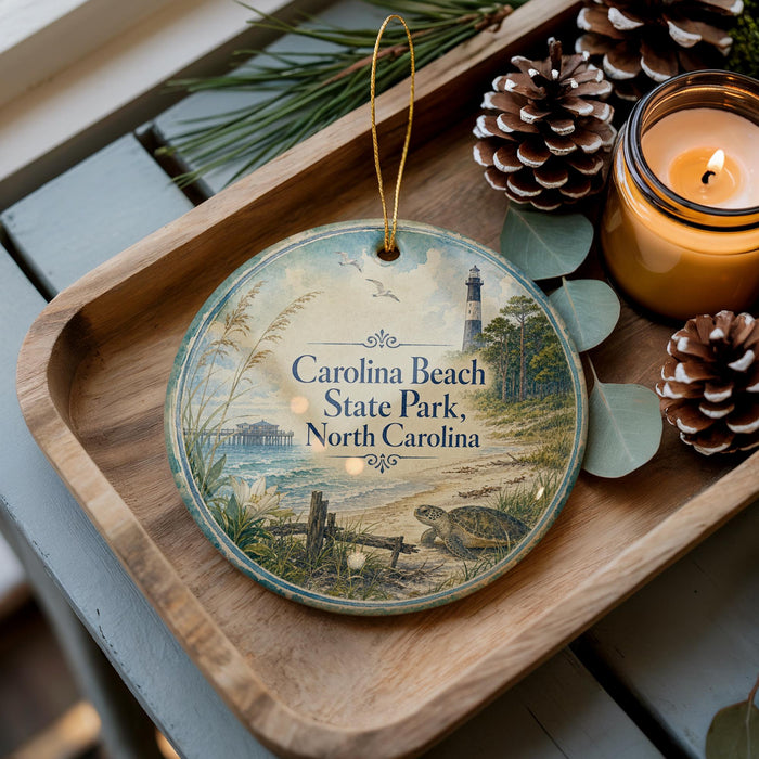 A decorative ornament featuring a lighthouse and beach scene, placed on a wooden tray alongside pine cones and a lit candle.