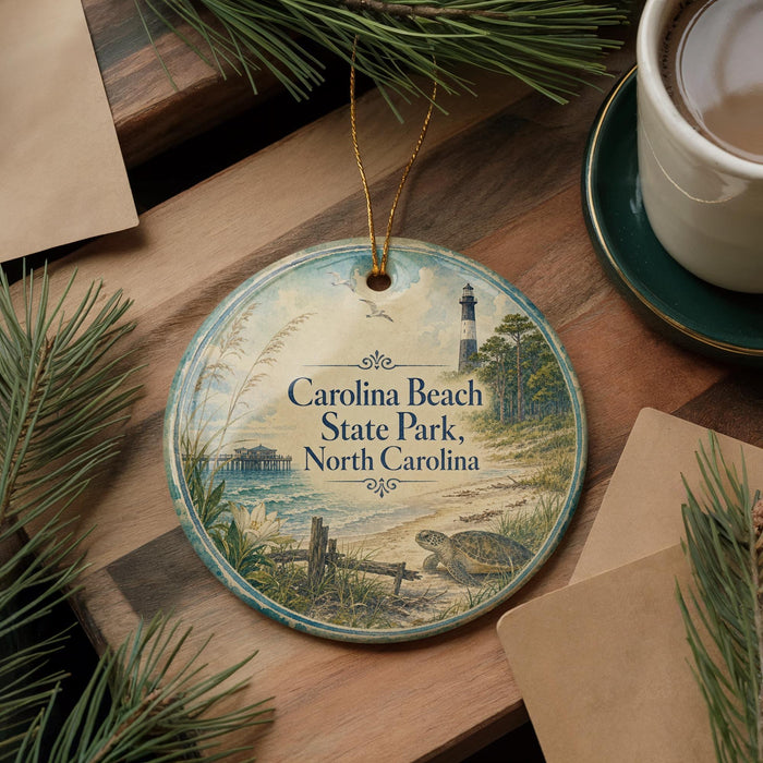 A round ornament with a lighthouse and beach scene hangs on a wooden surface, surrounded by pine branches and a cup of coffee.