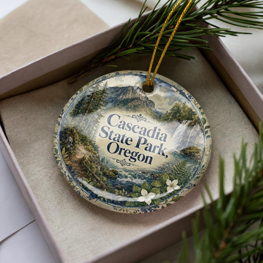 A decorative ornament with the text "Cascadia State Park, Oregon" on it, placed in a box with pine branches.