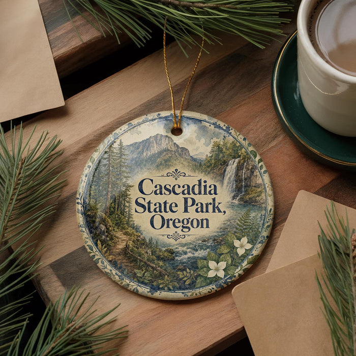 A decorative ornament featuring a scenic landscape of Cascadia State Park, Oregon, with pine trees and a waterfall.