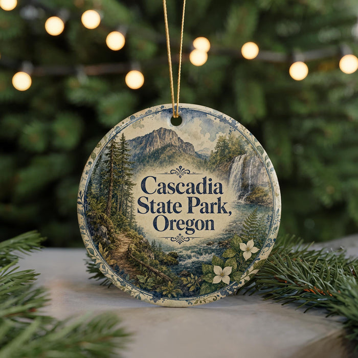 A decorative ornament featuring a scenic landscape of Cascadia State Park, Oregon, with a mountain backdrop and a waterfall.